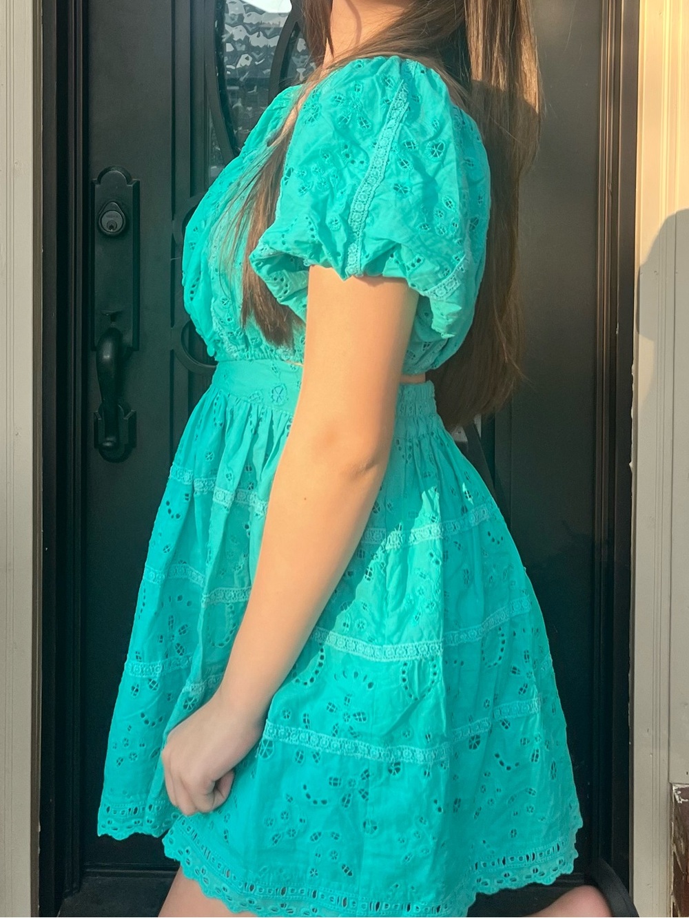 Bright Turquoise Eyelet Puff Sleeve Mini Dress 2 piece